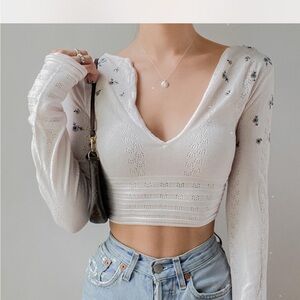 Free People White Floral Embroidered Crop Top